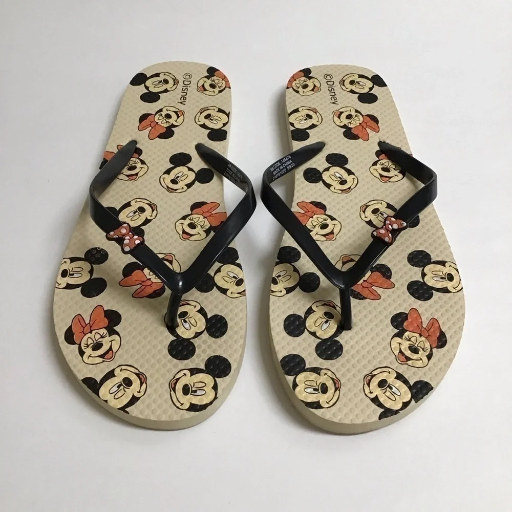 Disney SZ 10 1/2 Flip Flops Women’s Mickey and Minnie Mouse Sandals Red Bows Tan